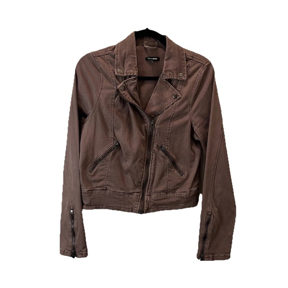 Fashion Nova Brown Moto Jacket Zip Snap Button Pockets Womens Size L